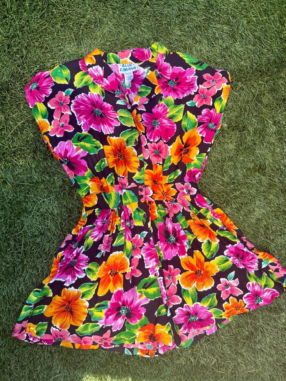 Vintage 90's Blue Cabana Black Orange Pink Tropical Floral Romper Shorts Medium
